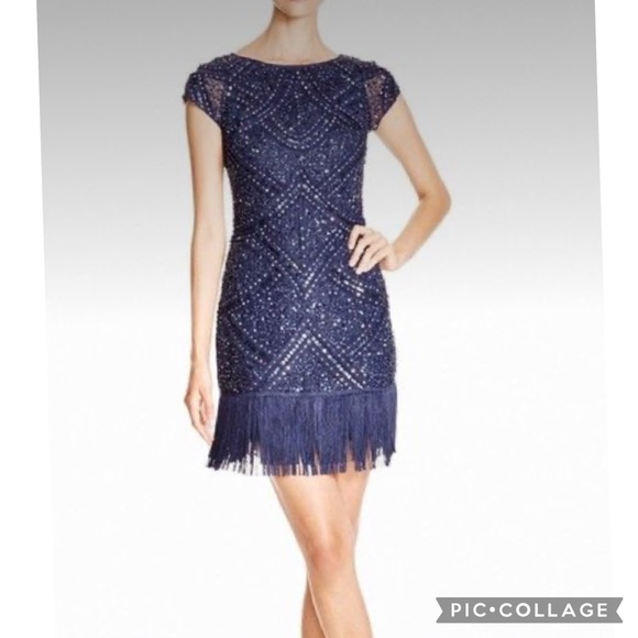 Aidan Mattox Dresses & Skirts - Aidan Mattox cap sleeves embellished fringes dress
